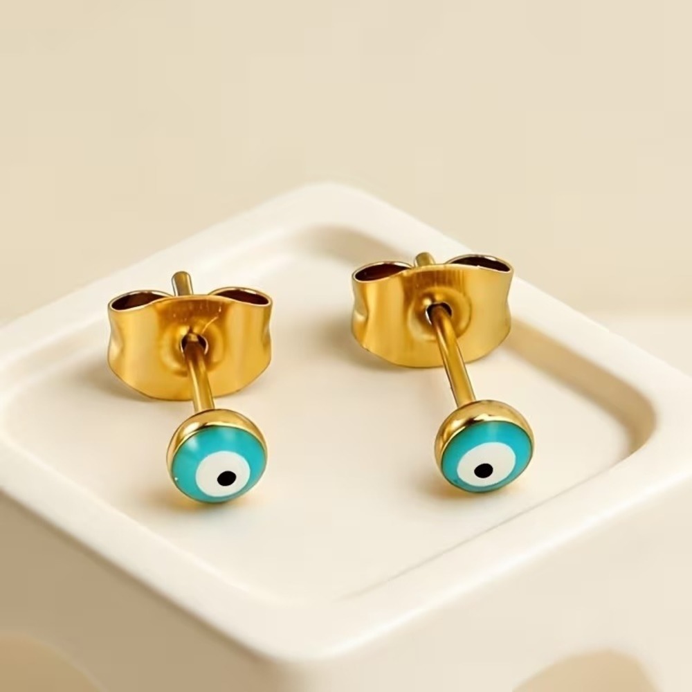 18K Gold Plated Evil Eye Stud Earrings 316 Stainless Steel Blue Nazar Jewelry